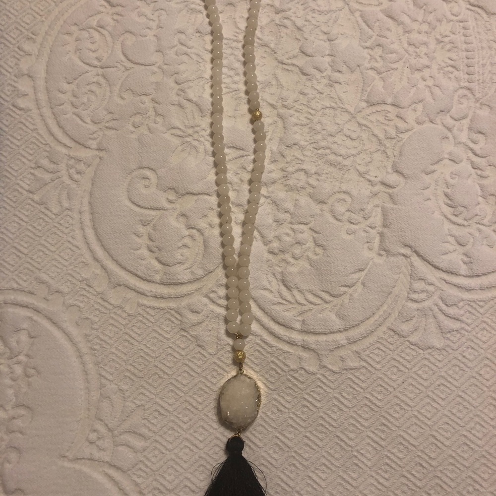 White Druzy Stone necklace with black tassel